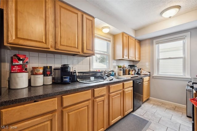 kitchen featuring sink, a textured ceiling, dishwasher, light tile patterned flooring, and decorative backsplash