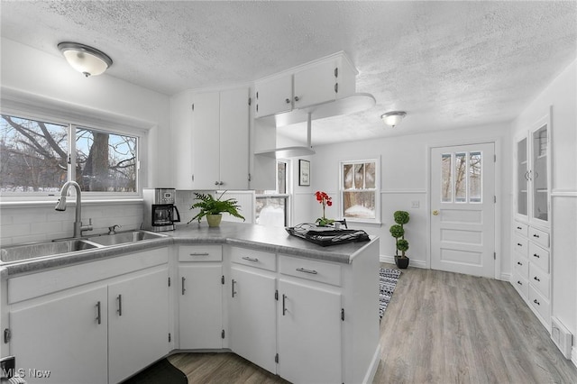 kitchen featuring sink, light hardwood / wood-style floors, white cabinetry, and tasteful backsplash