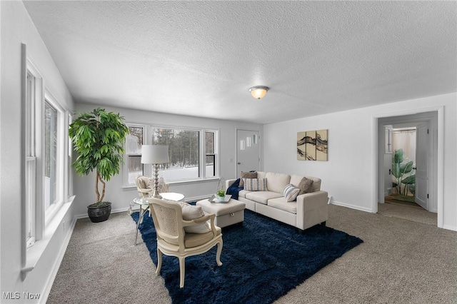 living room featuring carpet flooring and a textured ceiling