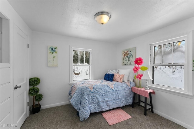 bedroom featuring dark carpet