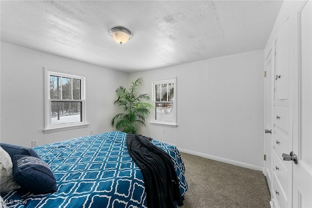 bedroom with a textured ceiling and carpet floors