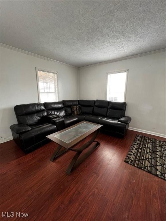 living room featuring a textured ceiling, dark hardwood / wood-style flooring, and a wealth of natural light