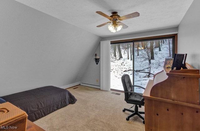 bedroom with access to outside, vaulted ceiling, a baseboard radiator, light colored carpet, and ceiling fan