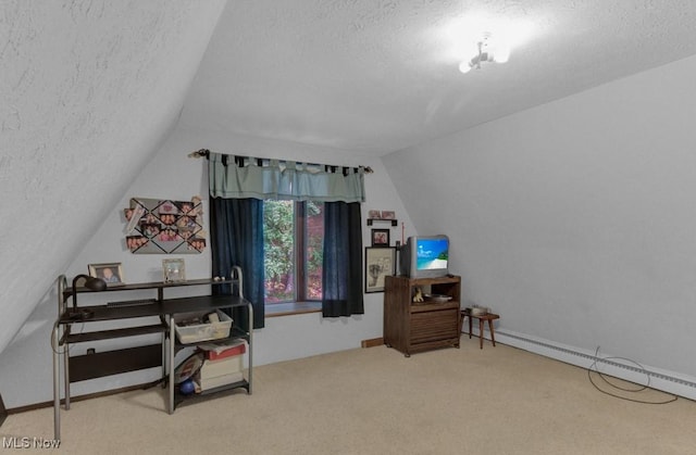 interior space featuring a textured ceiling, carpet floors, lofted ceiling, and a baseboard heating unit