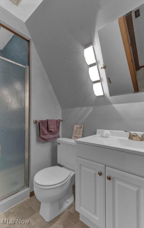 bathroom with vanity, walk in shower, toilet, and lofted ceiling