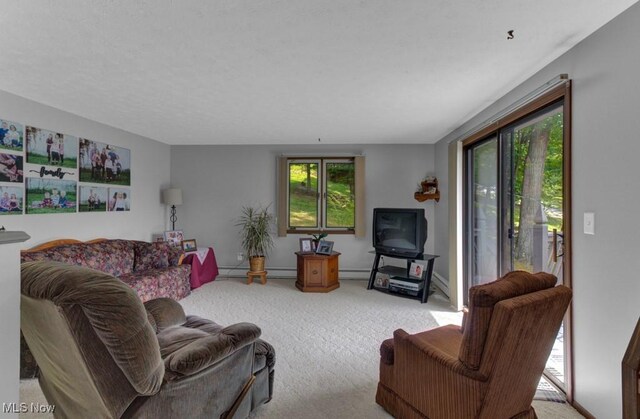 living room with a healthy amount of sunlight, a baseboard radiator, and light carpet