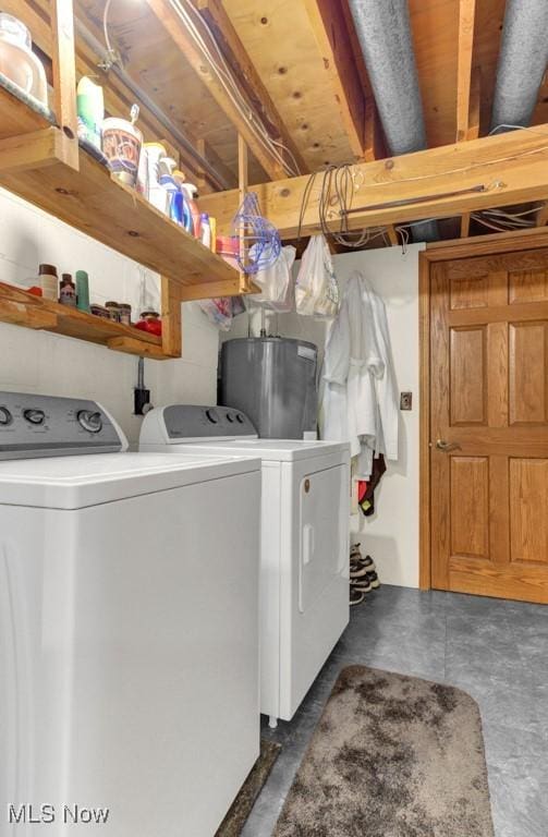 laundry area featuring gas water heater and washing machine and clothes dryer