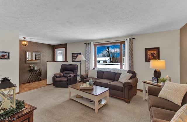 living room with light carpet and a textured ceiling