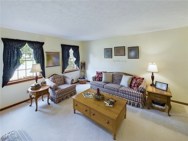 living room featuring a textured ceiling and light colored carpet