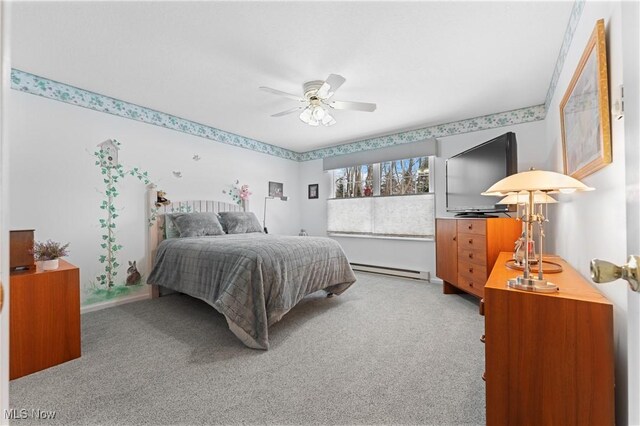 bedroom featuring a baseboard radiator, ceiling fan, and carpet flooring