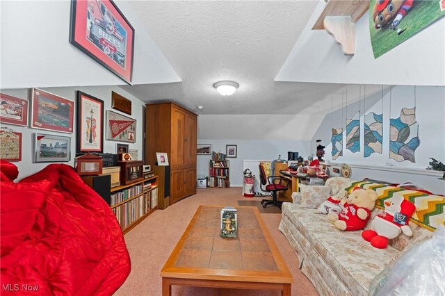 rec room with lofted ceiling, a textured ceiling, and carpet flooring