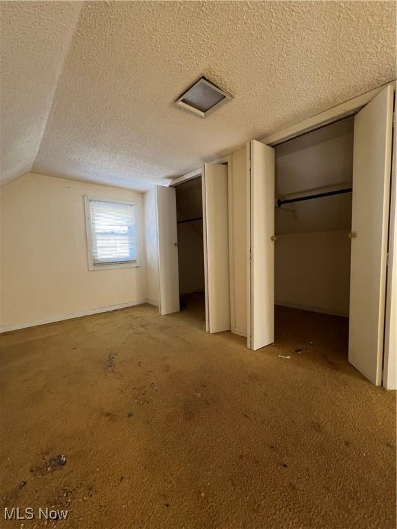 unfurnished bedroom featuring lofted ceiling, a textured ceiling, and carpet floors