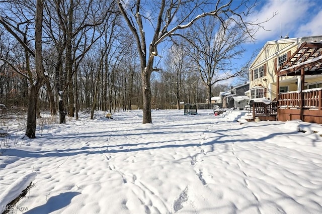 snowy yard with a wooden deck