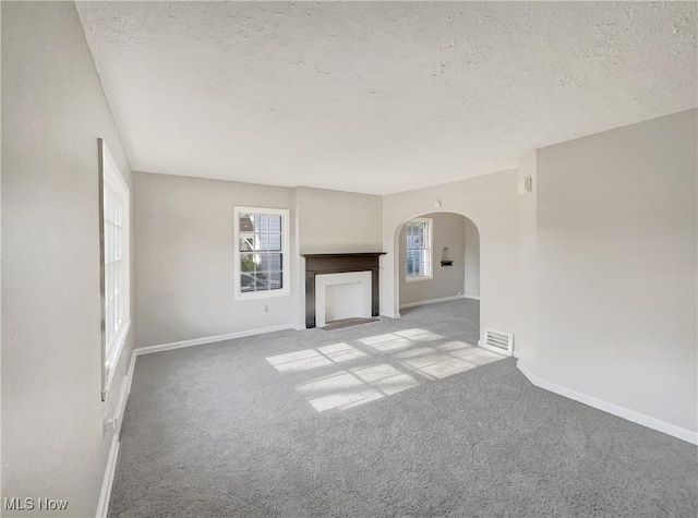 unfurnished living room featuring a textured ceiling and light colored carpet