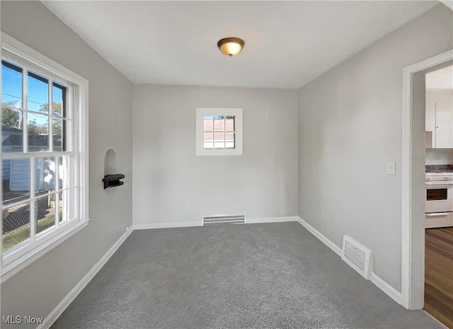 empty room featuring a wealth of natural light and dark colored carpet