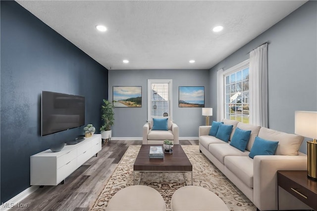 living room featuring wood-type flooring and a textured ceiling