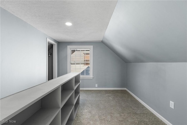 additional living space with a textured ceiling, lofted ceiling, and carpet flooring