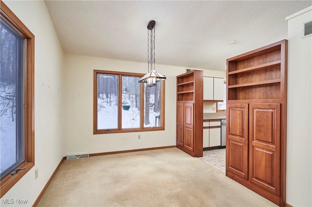 unfurnished dining area featuring built in desk and light carpet