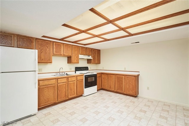 kitchen with electric range, white refrigerator, and sink