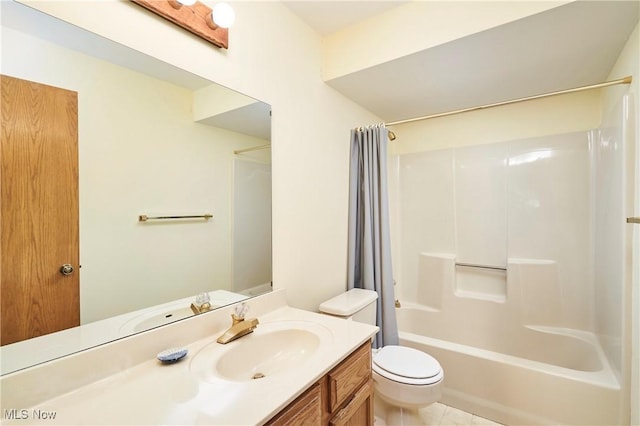 full bathroom featuring toilet, tile patterned floors, shower / tub combo with curtain, and vanity