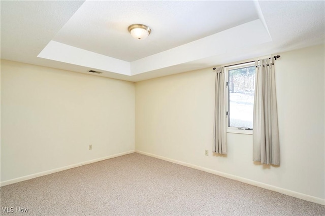 spare room featuring a raised ceiling and carpet floors