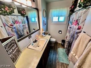 bathroom with hardwood / wood-style flooring, vanity, and toilet