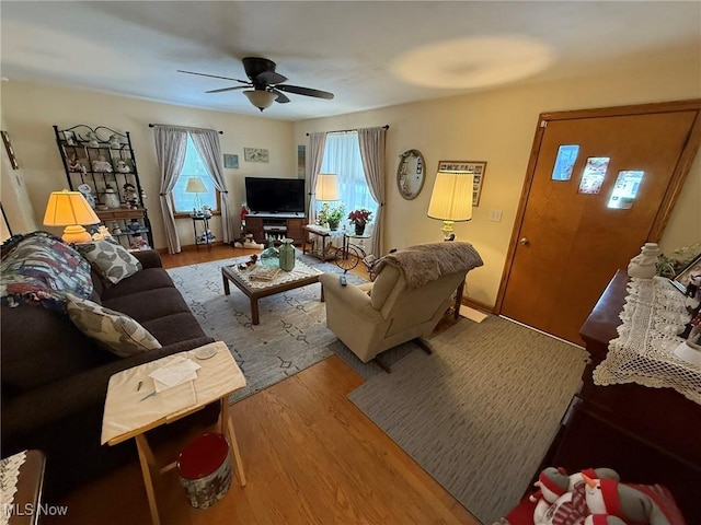 living room with ceiling fan and wood-type flooring