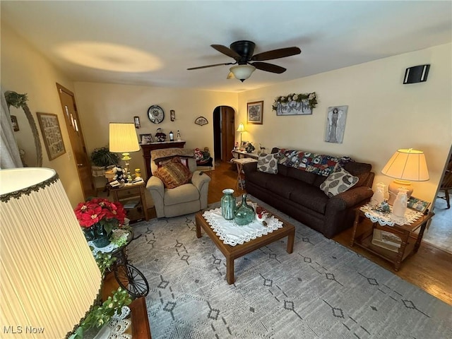 living room featuring ceiling fan