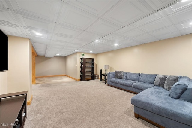 living room featuring light colored carpet