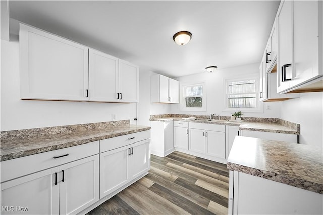 kitchen with sink, white cabinets, and dark hardwood / wood-style floors