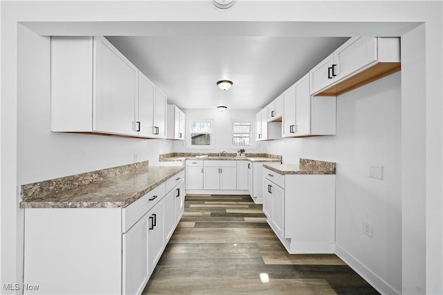 kitchen featuring dark hardwood / wood-style flooring and white cabinetry