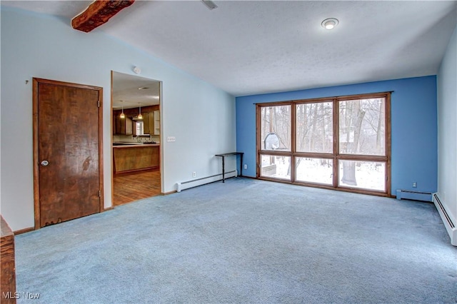 unfurnished living room featuring carpet, vaulted ceiling with beams, and baseboard heating