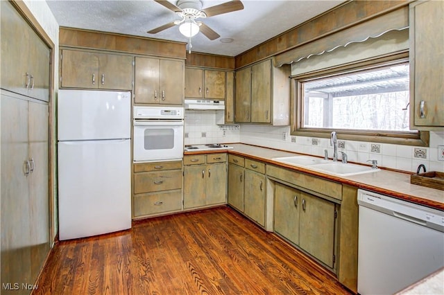 kitchen featuring sink, dark hardwood / wood-style flooring, decorative backsplash, ceiling fan, and white appliances