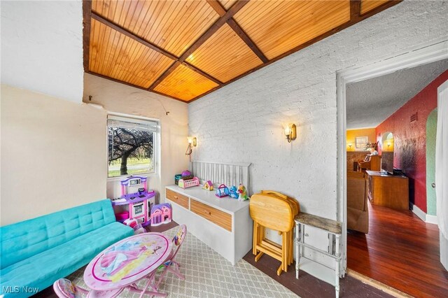 recreation room featuring wooden ceiling