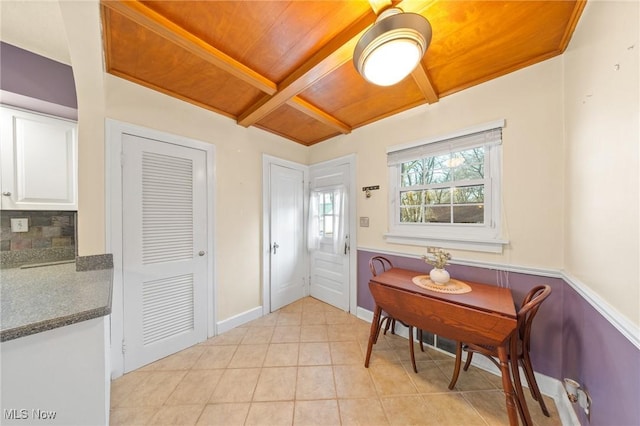 dining space featuring wooden ceiling