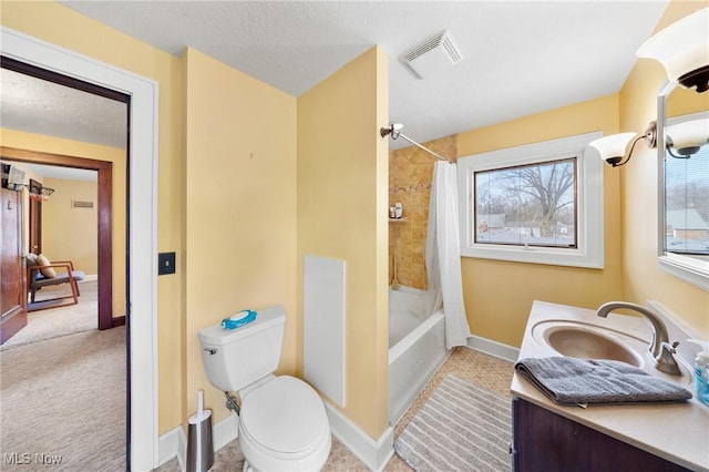 full bathroom with toilet, shower / bath combo with shower curtain, and vanity