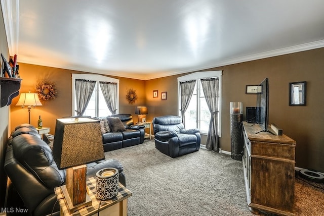 living room featuring crown molding and carpet