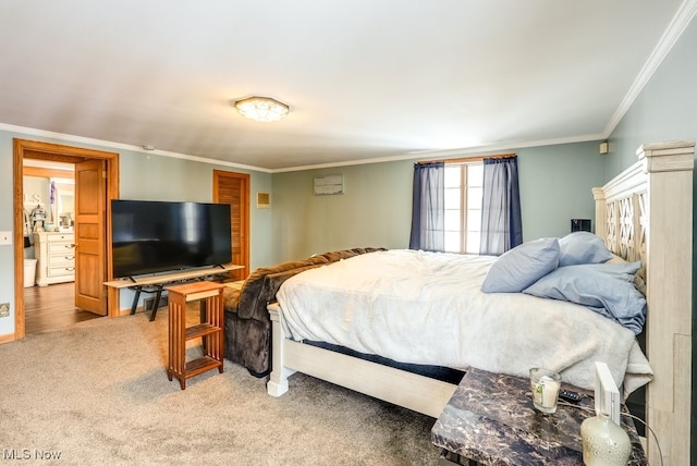 carpeted bedroom with ornamental molding