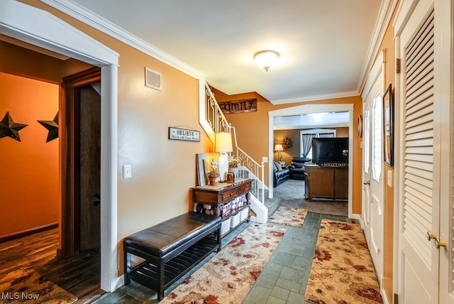 hallway with crown molding