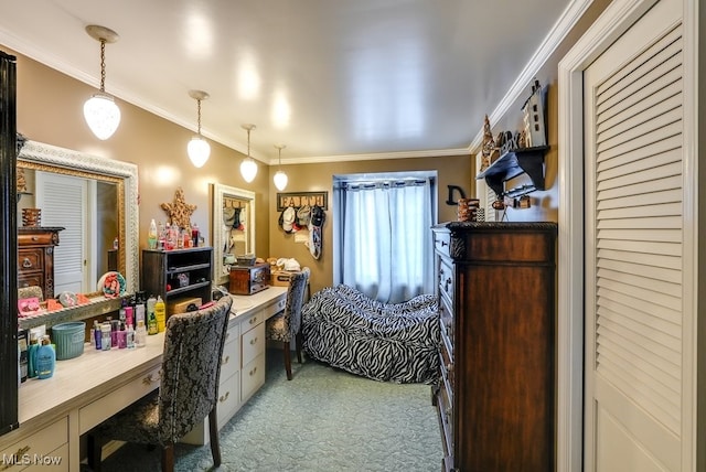 carpeted bedroom with crown molding