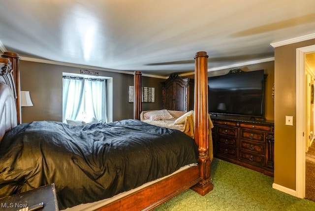 carpeted bedroom with crown molding