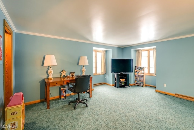 office featuring carpet floors, ornamental molding, and a healthy amount of sunlight