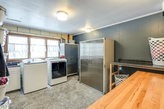 washroom featuring crown molding, light carpet, and independent washer and dryer