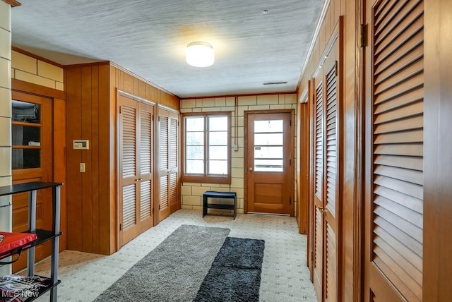 entryway featuring wooden walls and ornamental molding