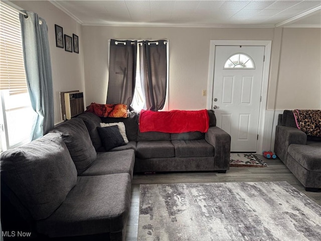 living room with wood-type flooring, ornamental molding, and a wall mounted air conditioner