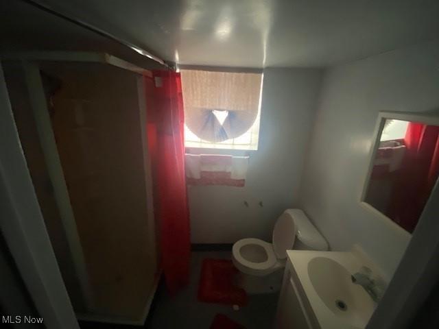 bathroom featuring vanity, curtained shower, and toilet