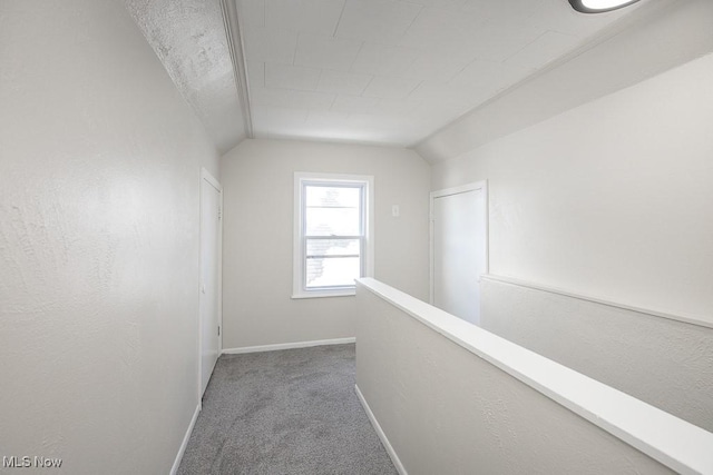 hallway featuring carpet flooring and vaulted ceiling