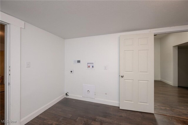 laundry room with electric dryer hookup, washer hookup, and dark hardwood / wood-style floors