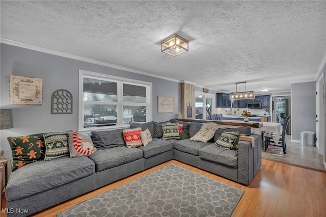 living room featuring a textured ceiling, light hardwood / wood-style floors, and crown molding