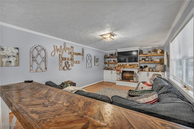 living room featuring crown molding, a textured ceiling, and light hardwood / wood-style flooring